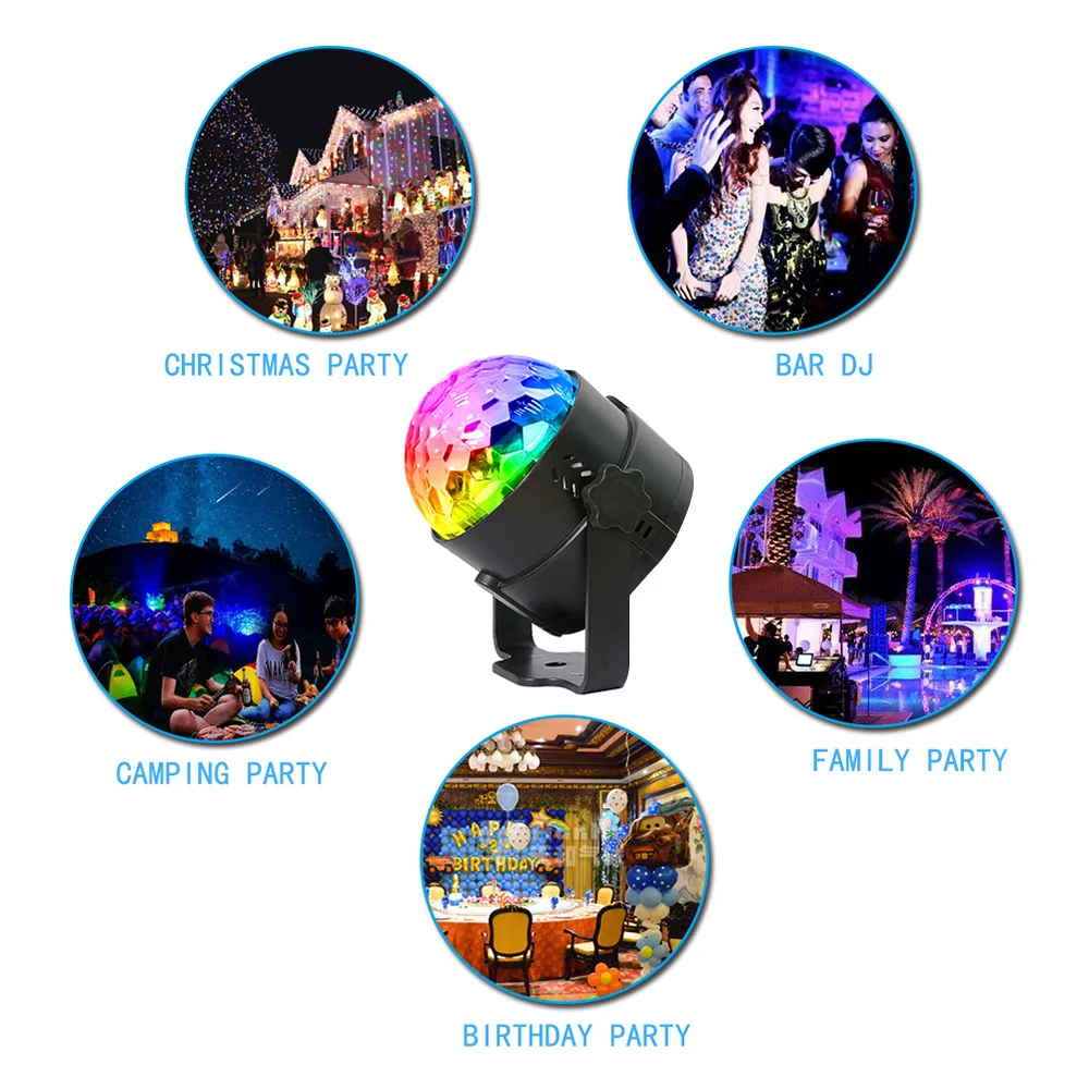 Светодиодный светильник для дискотеки в США, RGB, с дистанционным управлением, вечерние, вращающиеся лампы, шар для музыки, танцев, светящиеся вечерние принадлежности