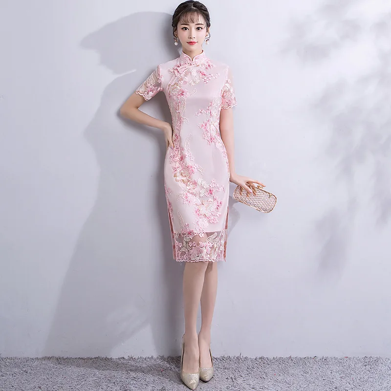 Pink Ladies Sexy Split Slim Cheongsam Elegant Embroidery Flower Qipao Vintage Handmade Button Chinese Dress XS S M L XL XXL