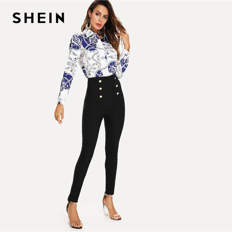 SHEIN, украшенные пуговицами, узкие брюки, элегантные женские, летние, осенние брюки, с молнией сзади, с высокой талией, однотонные, с высокой талией