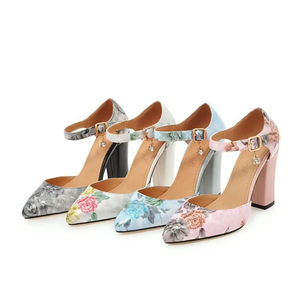 

2018 Women Pumps High Heels Woman Shoes Brand Spring Pointed Toe Ankle Strap Pumps Flower Thick Heel Wedding Shoes Plus Size 45