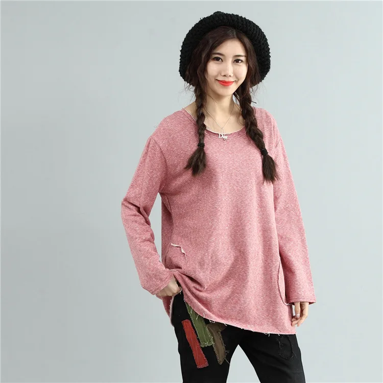 2017 Autumn Women Oversized T-shirt Korean Fashion Loose Solid Color Stitching Pocket Long Sleeve Underwear T-shirt Plus Size