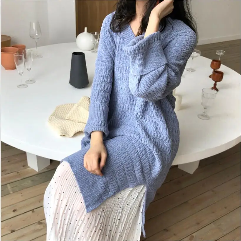 

2018 autumn retro loose Lap top V-neck long fashion casual bottoming sweater dress