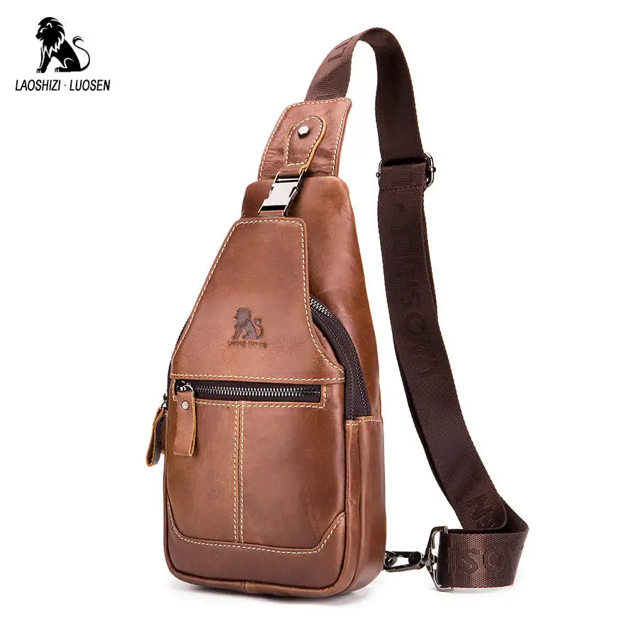 LAOSHIZI Men's Fashion Crossbody Bag Cow Genuine Leather Chest Bags for