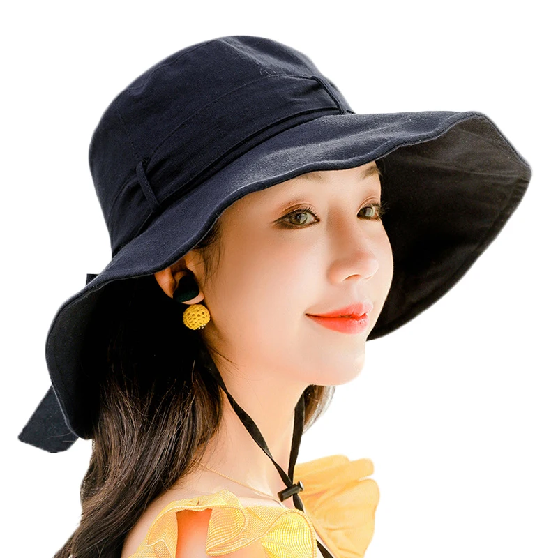 أزياء المرأة الصيف القوس قبعات للحماية من الشمس القطن الصياد قبعة واسعة كبيرة حافة الشاطئ قبعات الفتيات السفر طوي واقية من الشمس حوض قبعات
