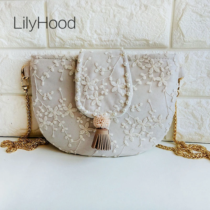 

LilyHood Sweet Lolita Lace Cover Shoulder Bag Female Kawaii Cute Pom Pom Fringe Wedding Fabric Cotton Small Chain Crossbody Bag