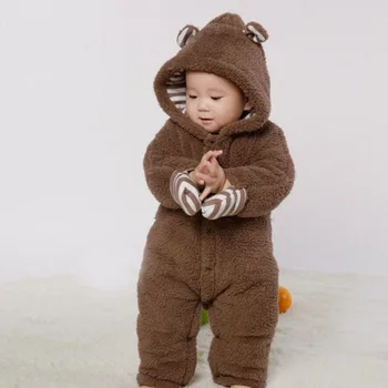 

1PC Baby Boy Brown Bear Bodysuit Soft Thick Infant Boy Outfit Jumpsuit with Glove Infant Winter Coral Fleece Clothes
