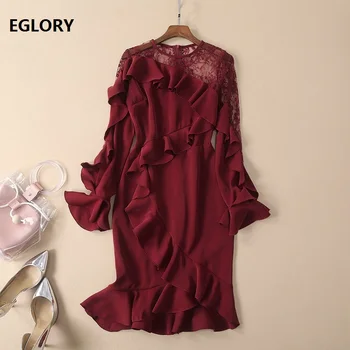 

High Quality Runway Dress 2019 Spring Summer Party Event Women Sexy Sheer Lace Patchwork Long Sleeve Ruffle Dress Wine Red Color
