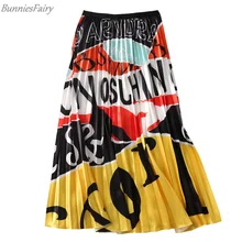 BunniesFairy Новая Осенняя Высокая уличная Женская юбка средней длины с цветными буквами и цветочным принтом с эластичной талией, плиссированная юбка средней длины размера плюс