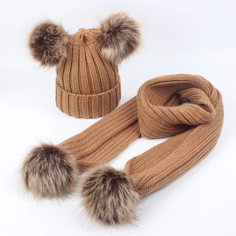 

baby girl boy stuff infant toddler kids winter knit pom pom ribbed hat scarf 2 pcs set mom daughter matching things faux fur