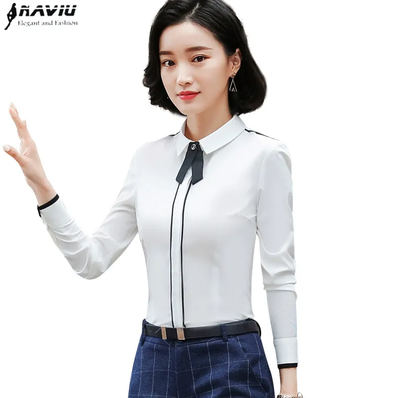 Spring elegant white shirt women fashion formal Business Patchwork long