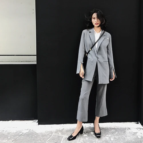 Gray Blazer Pants Sets Split Sleeve Pearl Pin Spring Garment Women's Loose Business Wide Legged Trousers INS Two-piece Suit - Цвет: gray