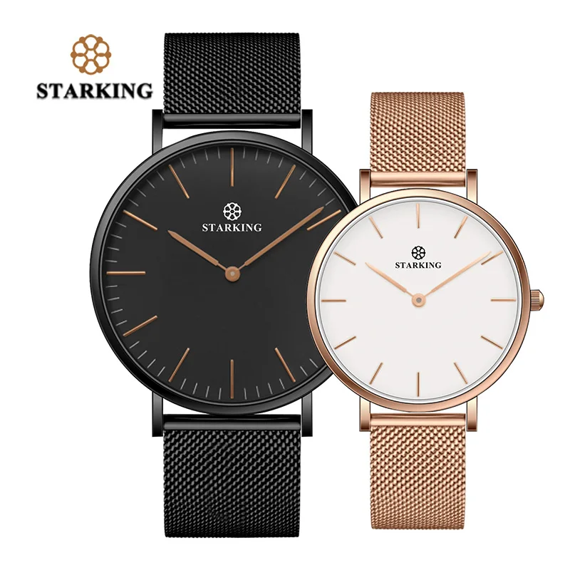 STARKING New Brand Couple Watches For Lovers Gift Black Gold Mesh Stainless Steel Quartz Analog 30M Waterproof Casual Watch | Наручные