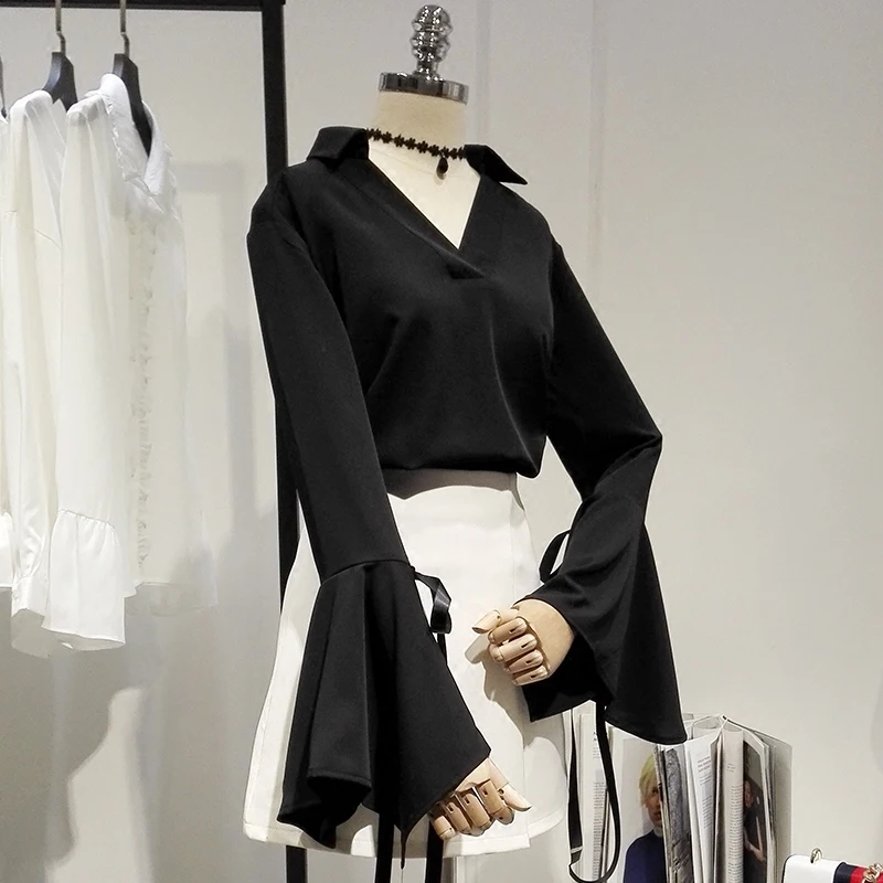 Новая весенне-Летняя женская шифоновая блузка с v-образным вырезом, однотонная шифоновая блузка с поясом, сверкающее с рукавами, свободные топы