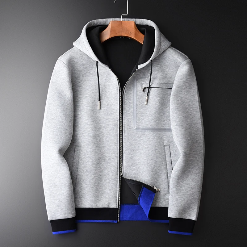 

Minglu Grey Hoodies Men Luxury Combined Fabric Hooded Sweatshirts For Men Plus Size 3XL 4XL Spring Slim Fit Sweatshirt Male