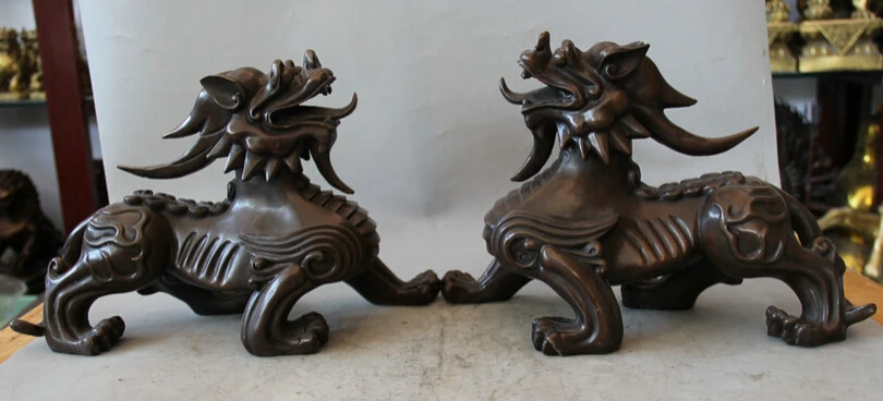 

song voge gem S1676 14" Chinese Bronze Folk Animal Pi Xiu Unicorn Dragon Beast sculpture Statue Pair