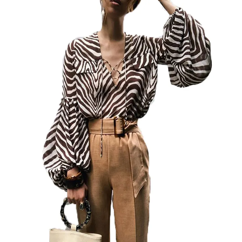 

Fandy Lokar Zebra Stripe Printed Blouses Women Fashion Bell Long Sleeve Shirts Women Elegant V Neck Tops Balloon Sleeve Blouse