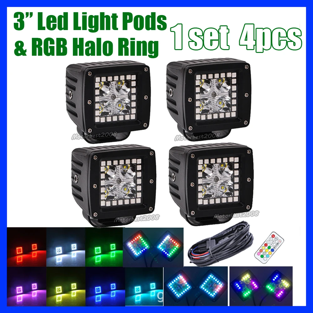 Pack 4 16W Led Work Light Bar 3\ Pod Cubes with RGB Halo Ring 12 Solid Color over 72 Chasing Flash Modes Offroad ATV SUV 12V DC Pack 4 16W Led Work Light Bar 3\ Pod Cubes with RGB Halo Ring 12 Solid Color over 72 Chasing Flash Modes Offroad ATV SUV 12V DC