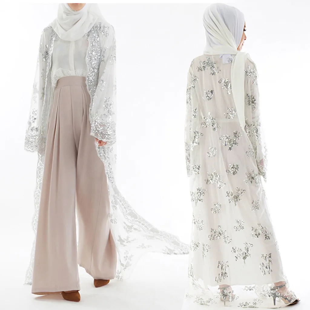 Женское мусульманское платье, топ, кружевной кардиган с блестками, макси платье, кимоно, открытая абайя, халат, кафтан, Дубай - Цвет: White