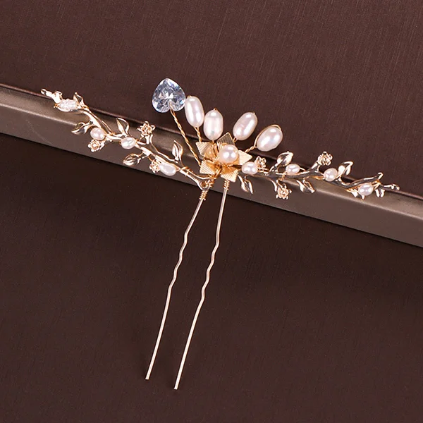 Gold Pearl Tiara Hairpin Clip Crystal Rhinestone Hair Jewelry For Women Flower Handmade Headband Wedding Bridal Hair Accessories - Окраска металла: UZ050