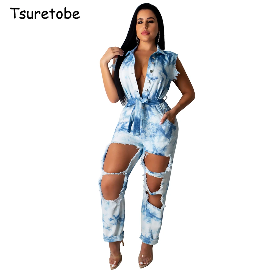 

Tsuretobe Sexy Bandage Hole Ripped Jumpsuit Sleeveless Women Loose Tie Dye Print Romper Deep V-neck Overalls Buttons Salopette