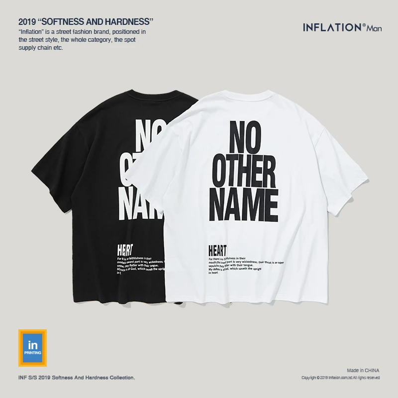 INFLATION Men Clothing Oversize Short Sleeve Tshirt Letter Printed Tee Fashion Streetwear Hip Hop Casual Cotton Tops Tees 91101S