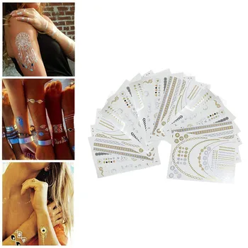 

TTattoo Waterproof Metallic Temporary Tattoo 16sheets in Gold Silver Sticker Body Fake Jewelry Tattoos Over 200 Designs Paper