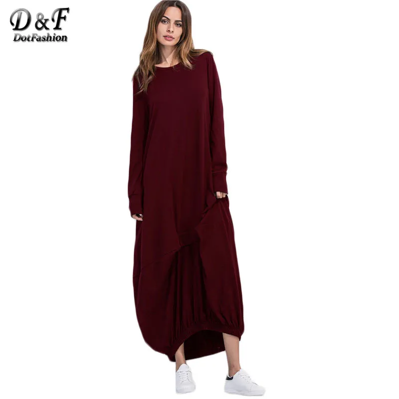 Dotfashion Loose Fashions Winter Dresses Casual Long Maxi Dress New Arrival Burgundy Elastic Hem Shift Dress