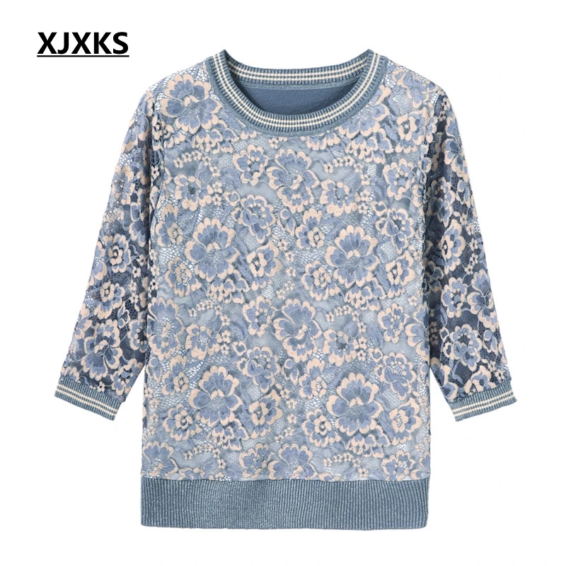 XJXKS, кружевной женский свитер, рукав три четверти, круглый вырез, весна-осень, тонкий джемпер, женский свитер большого размера