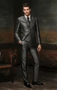 

Newest Groom Tuxedos Shiny Dark Grey Groomsmen Notch Lapel Wedding/Dinner Suits Best Man Bridegroom (Jacket+Pants+Tie+Vest) B585