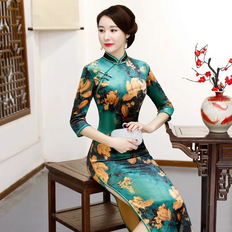 Новое поступление женские цветочный Чонсам воротник стойка Тонкий Qipao длинное китайское традиционное платье для женщин Размер M L XL XXL 3XL 4XL