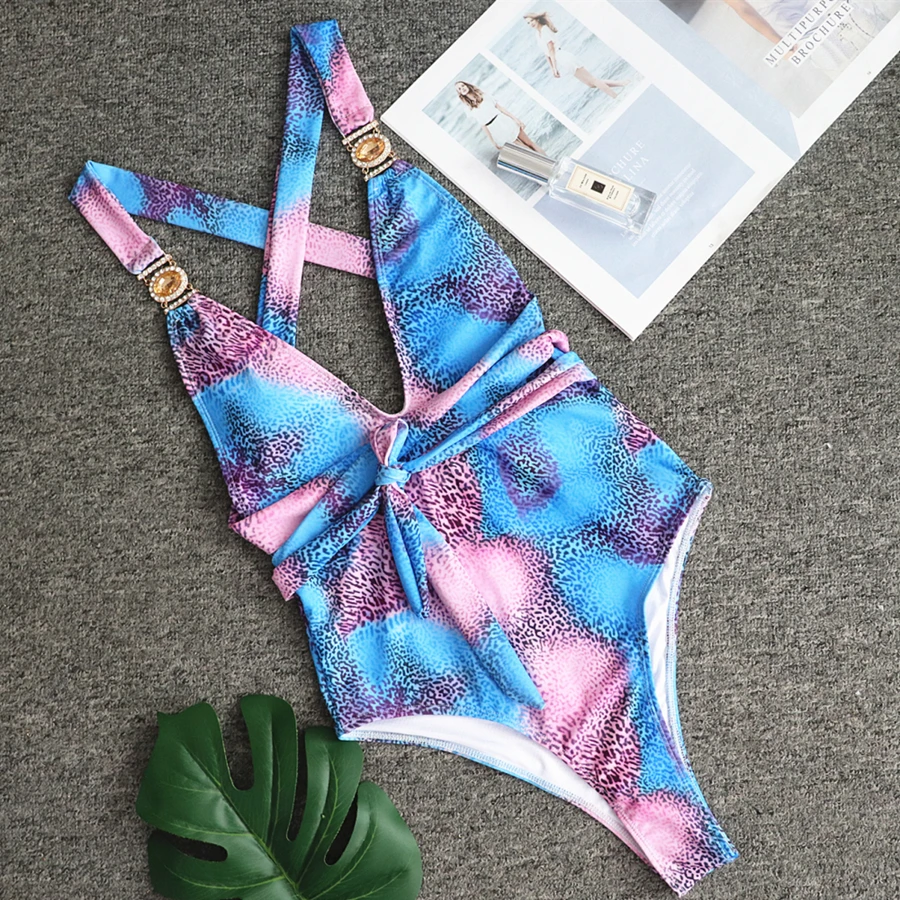 

VIKINII Gradient Leopard Swimwear 2019 Sexy Crystal Swimsuit Women One Piece Swimsuit Halter V-Neck Vintage Women Bathing Suits