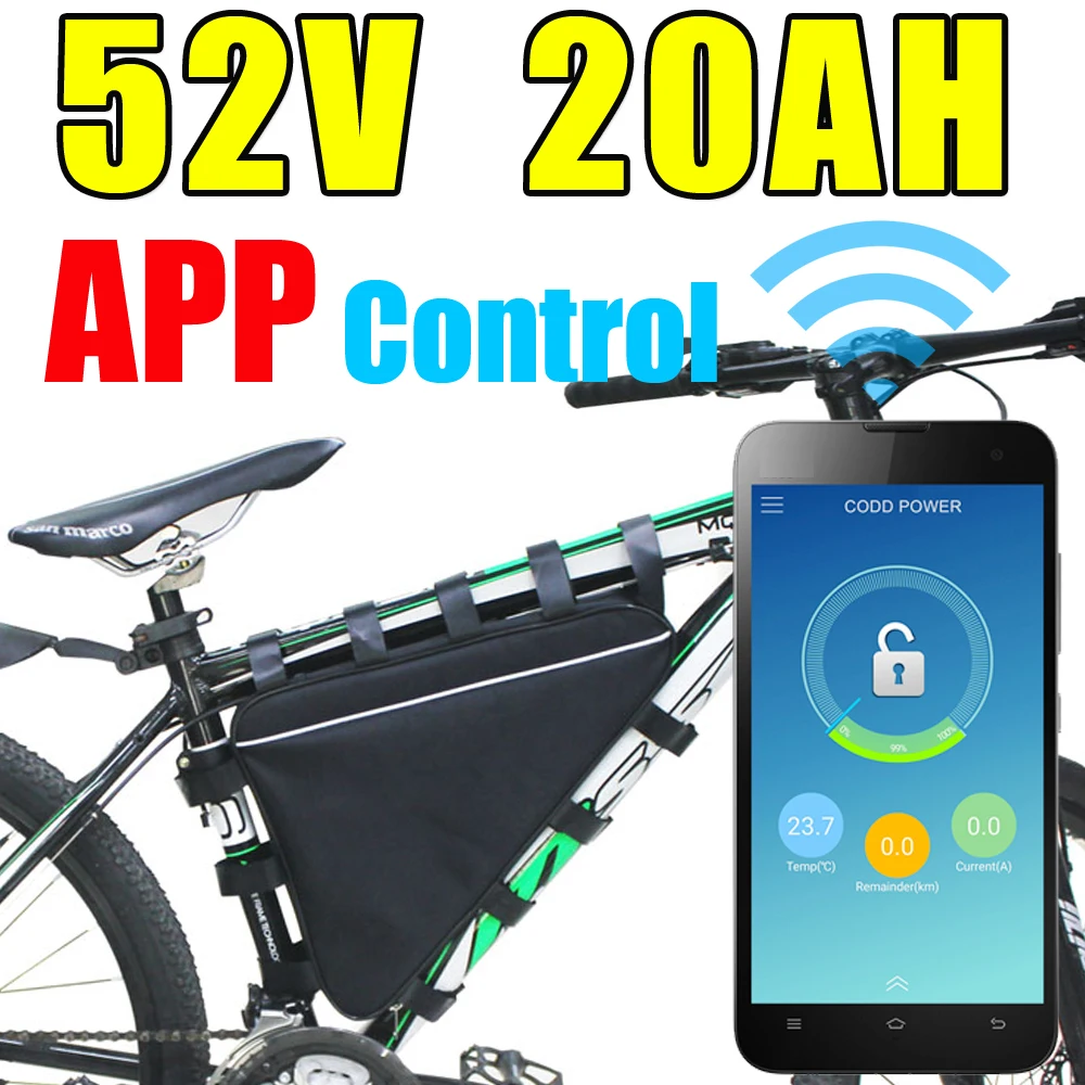 Top 52V Li ion electric bike battery 20ah APP triangle lithium battery with Bluetooth GPS remote control For BBSHD BBS03 motor kit 0
