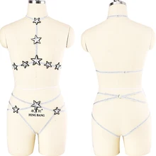 JLX. Жгут мигающий пентаграмма Серебряный панк Тело Жгут Связывание сексуальное женское белье Фетиш Bralette пастельные готические трусики стринги Набор