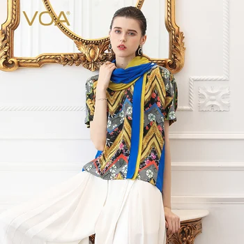 

VOA Silk T Shirt Women Tops Plus Size 5XL Tee Print Boho Casual Beach Holiday Harajuku Pullover Summer Short Sleeve B386