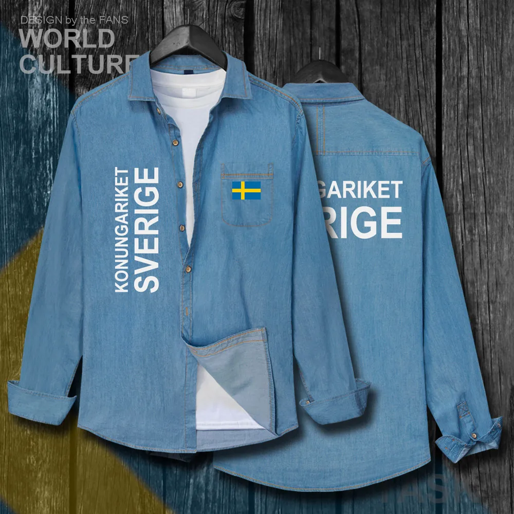 

Sweden Sverige Swedish Swede SE SWE Men Autumn Cotton Flags Turn-down Collar Jeans Shirt Long Sleeve Cowboy Coat Fashion Clothes