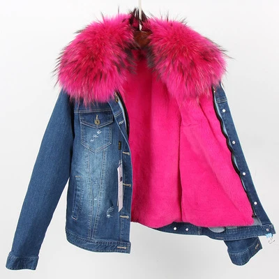 OFTBUY зимняя женская куртка с натуральным мехом, короткое пальто, парка с воротником из натурального енота, джинсовая куртка-бомбер с искусственным подкладом, модная уличная одежда - Цвет: 4