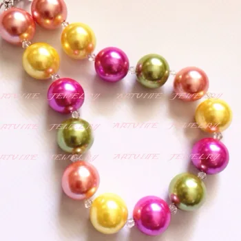 

10pcsPink, yellow and green pearl bubblegum necklace with crystal spacer beads. Birthday becklaceCB570