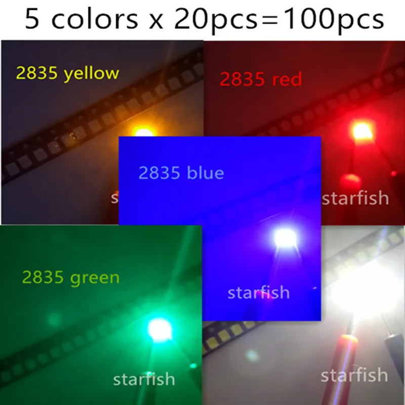 5 цветов x 20 шт. = 100 светодиодов SMD 2835 белый-W/синий/красный/желтый/зеленый свет |