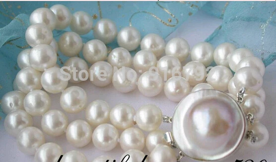 

free P&P >>>>>Excellent AAA 3row 10mm round white freshwater pearl bracelet mabe silver clasp