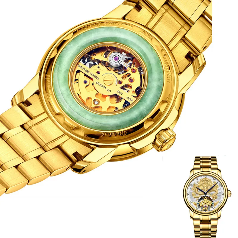 

Super Fashion Mechanical Watch Men's Tourbillon Hollow Flywheel Natural Emerald Jade Inlay Men Wristwatches 50m waterproof Clock