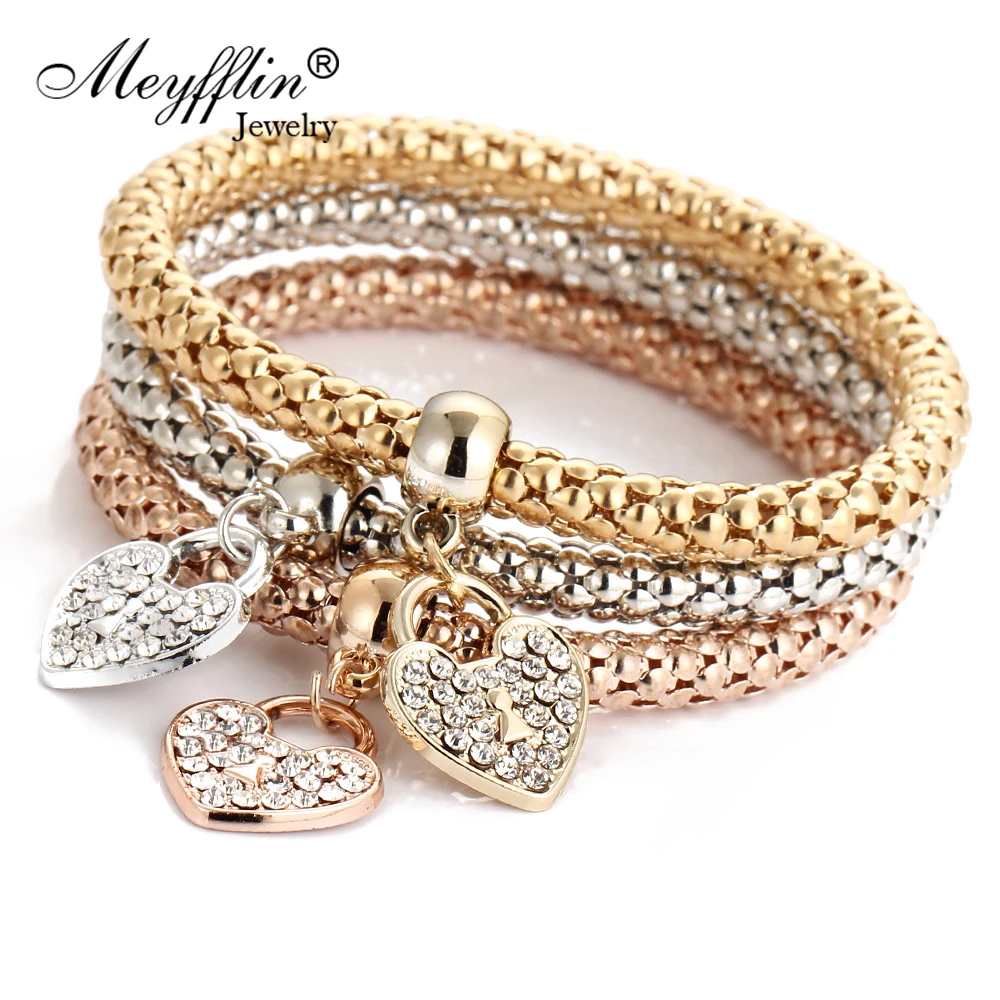 3PCS Set Crystal Heart Bracelets & Bangles 2017 Fashion Gold Elastic