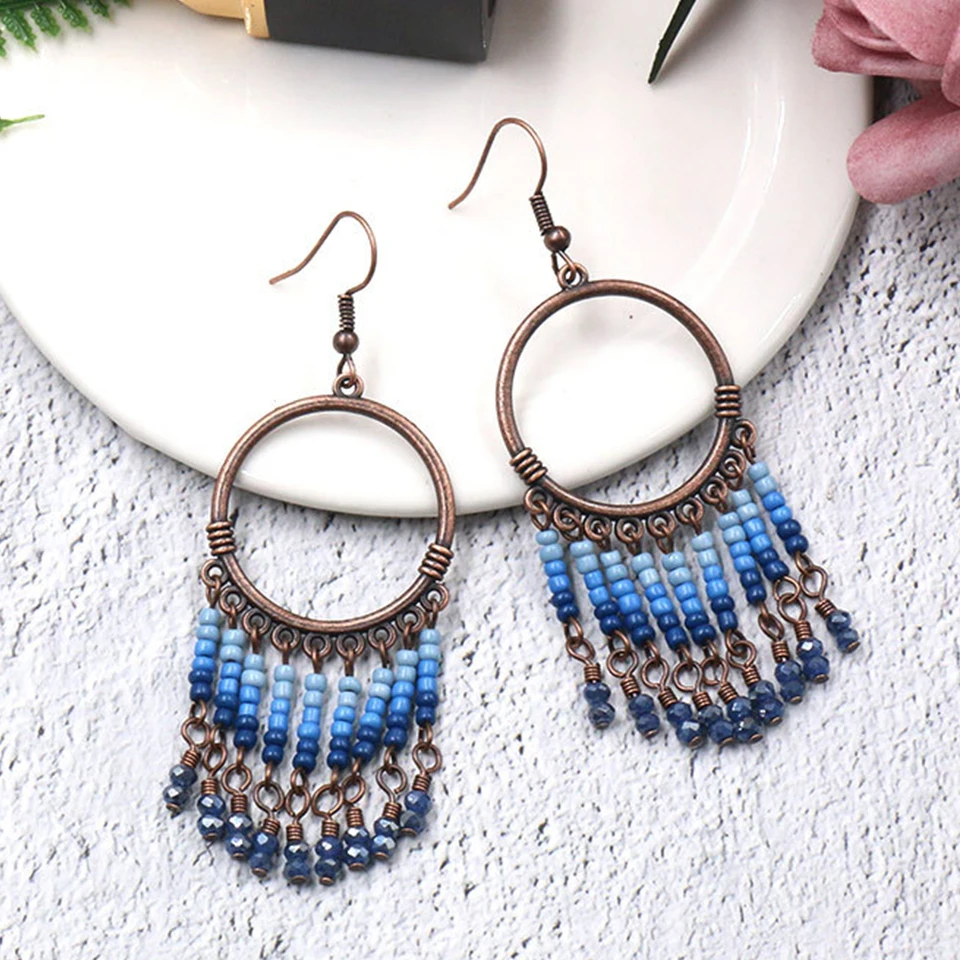 

Vintage Round India Boho Ethnic Beads Dangle Drop Tassel Earrings for Women Female 2018 Hanging Earrings Jewelry Accessories