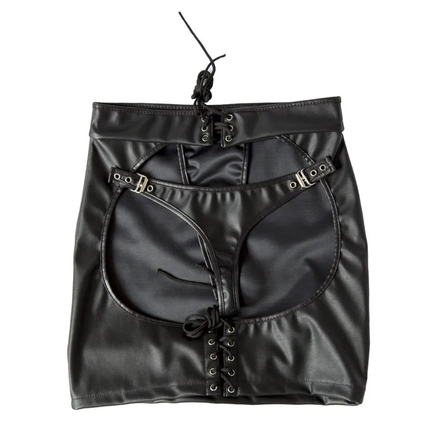 

Women Sexy Fetish Erotic Lingerie Black Faux Leather Open Butt Spanking Skirt w/ Thong