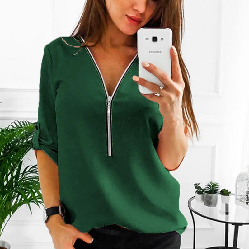 MONERFFI женские рубашки на молнии с коротким рукавом, сексуальный топ с v-образным вырезом, женские блузки, Повседневная футболка, топы, женская одежда больших размеров - Цвет: Green