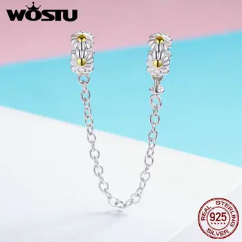 

WOSTU Authentic 925 Sterling Silver Daisy Silicone Safety Chain Charm fit Bead Bracelet Bangle S925 DIY Jewelry Gift FIC618