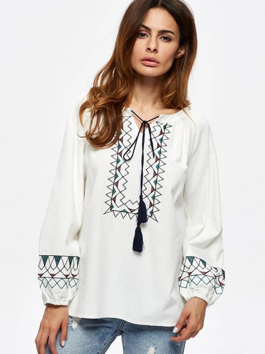 Embroidery Pullover Blouses Loose Lace Up Long Sleeve 2018 Summer Women