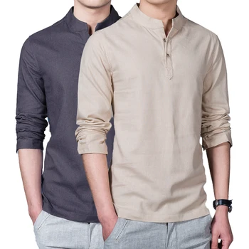 

New Spring Summer Casual Men Linen Shirt Long Sleeve Solid V Neck Collar Leisure Shirts Men Clothing Morning Exercise Clothes