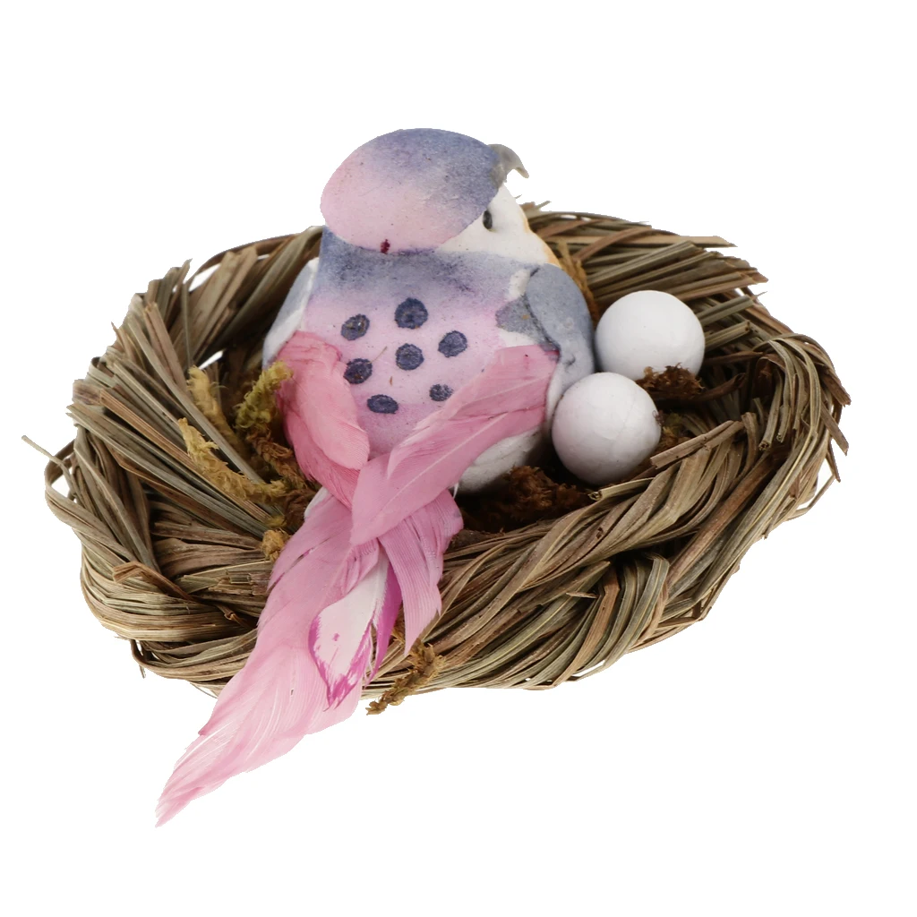 Mini Feather Foam Bird Artificial Hay Bird Nest & Birds Eggs for Indoor Outdoor Plant Ornament Yard Garden Decor