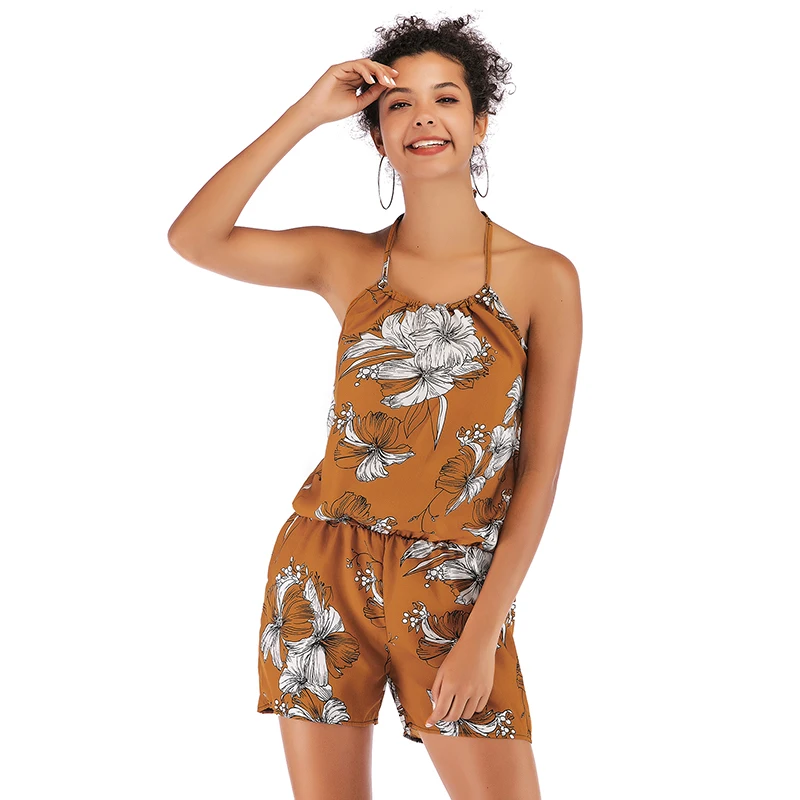 

2019 New Summer Women Sleeveless Shorts Sexy Sling Hanging Neck Halter Thin Section Loose Printed Chiffon Jumpsuit