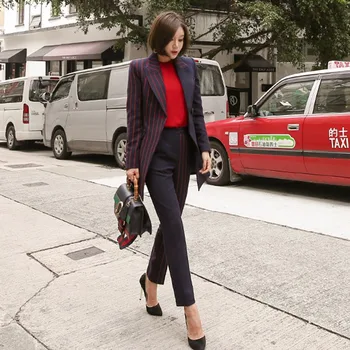 

CBAFU high quality striped patchwork women pant suit lace up blazer jacket pencil pants OL office lady 2 piece set suit D265